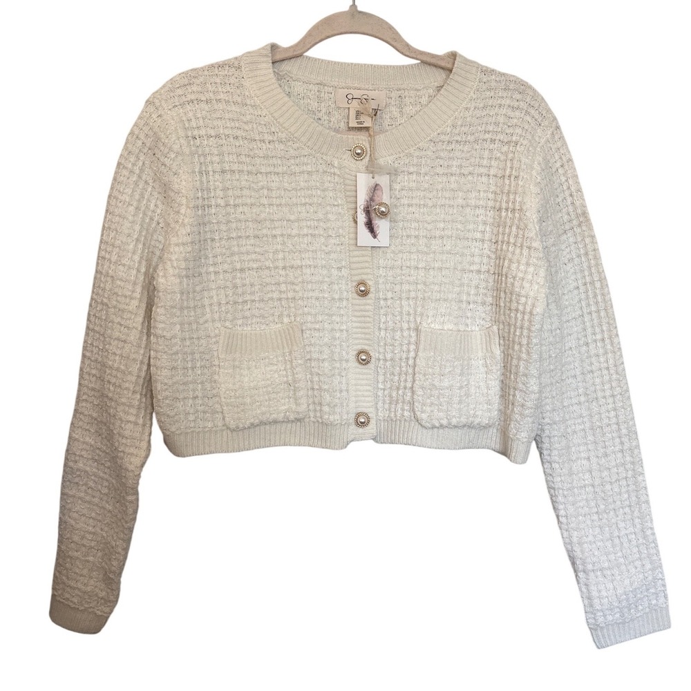 Jessica Simpson Womens Cream White Textured Knit Cropped Pearl Button Cardigan L - Picture 2 of 8